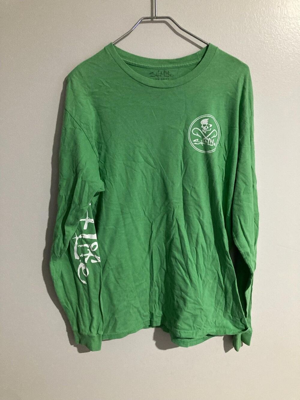 Salt Life Shirt Mens M Green Long Sleeve Graphic Crew Neck Tagless Skull Print